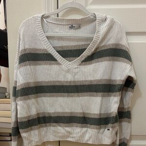 Hollister Green and Cream Striped V-Neck Sweater